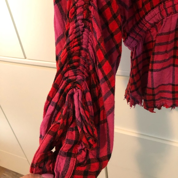Free People We The Free Pacific Dawn Red Plaid Peplum Blouse Shirt - Picture 4 of 7